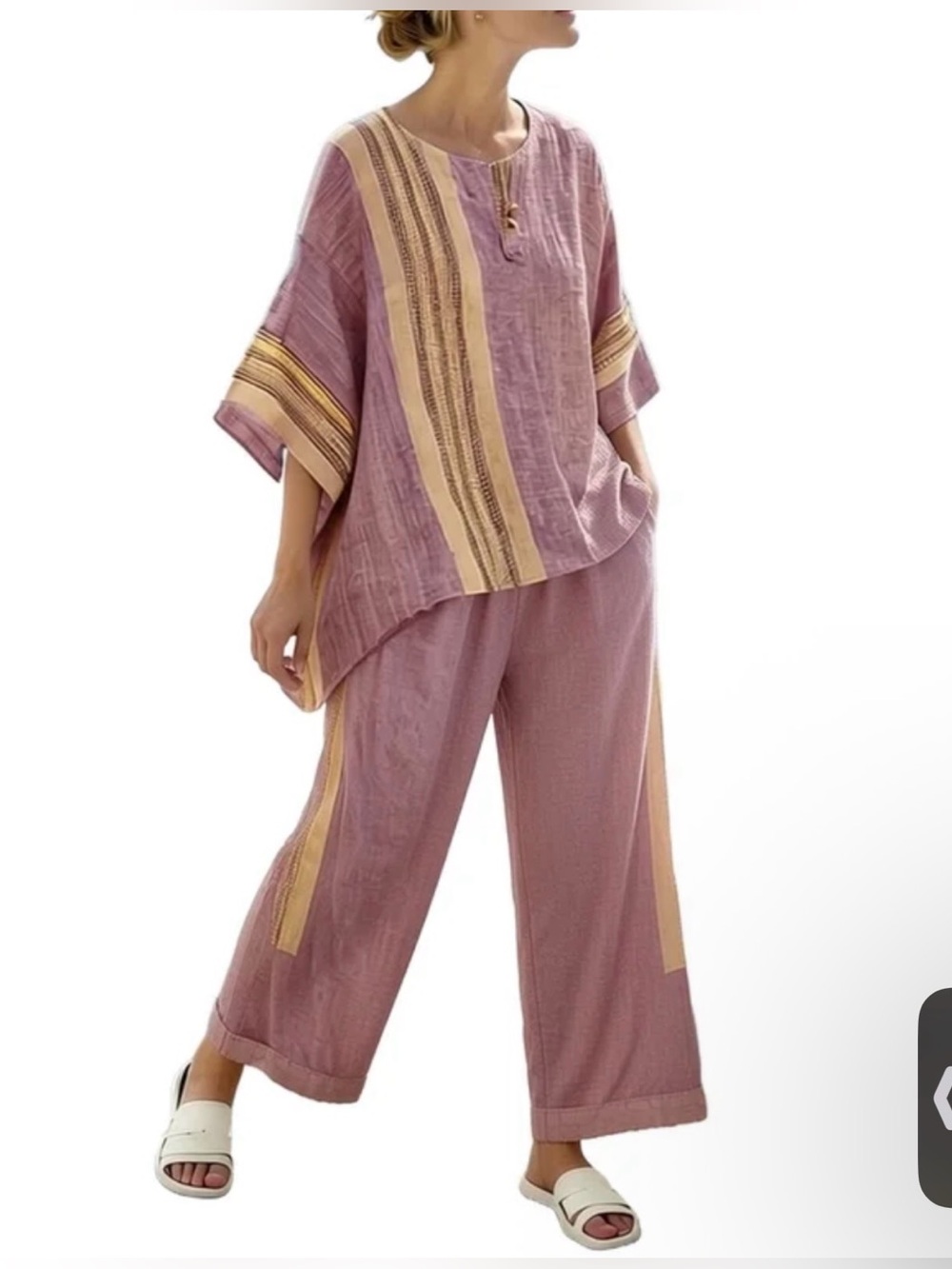 Relaxed Linen Blend Two-Piece Set - Mauve with Cream Stripes